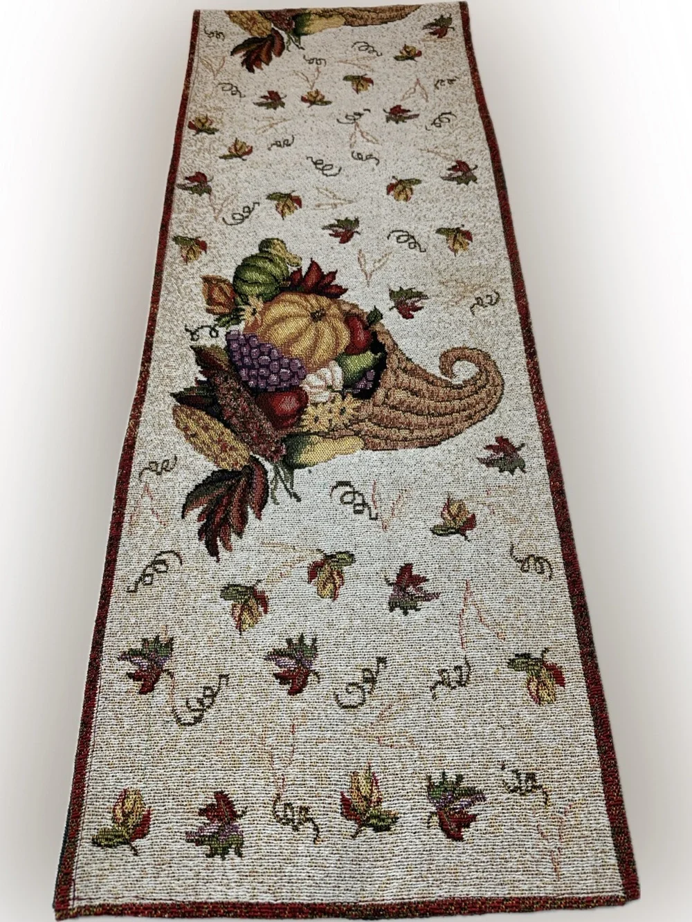 Vintage Cornucopia Table Runner with Red, Green, Gold Fruit & Leaf Motif
